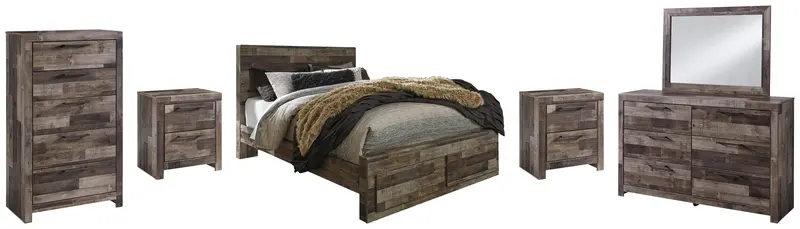 Derekson Multi-Gray Queen Panel Bed With Two Storage Drawers, Mirrored Dresser, Chest, And Two Nightstands 1