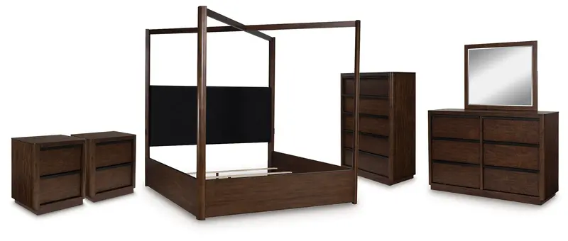 Dilenno Queen Canopy Bed Set: Mirrored Dresser, Chest & Two Nightstands In Dark Brown 1