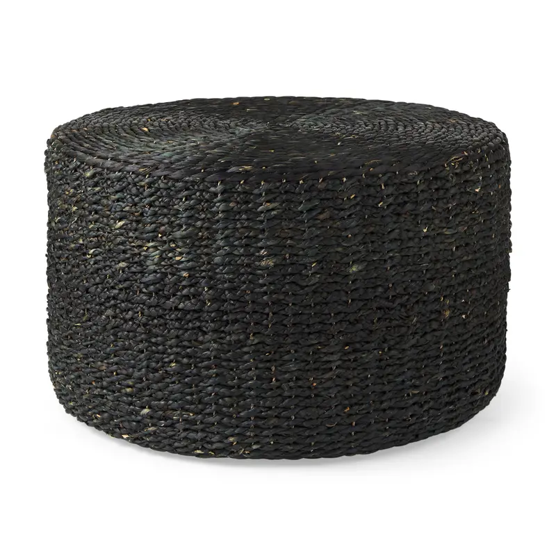 Dina Round Coffee Table Pouf – 75"Diameter Black Cornhusk & Water Hyacinth 1