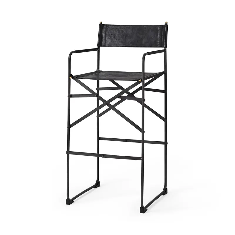Direttore Bar Stool – 19.3" Square Black Leather Seat On Black Iron Frame, 44.1"H 1