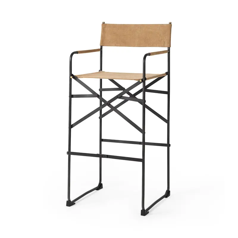 Direttore Bar Stool – Brown Leather Seat With Black Iron Frame (19.3"L × 19.3"W × 44.1"H) 1