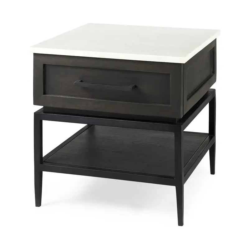 Divina Side Table – Black-Brown Wood Base, White Marble Top & Black Metal Legs 1