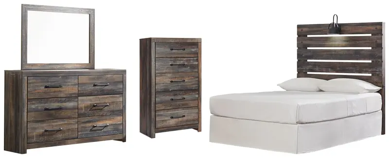 Drystan Multi-Tone Full Panel Headboard Bed With Mirrored Dresser & Chest 1