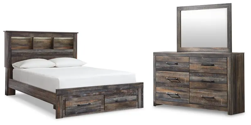 Drystan Multi-Tone Queen Bookcase Storage Bed With Dresser & Mirror 1