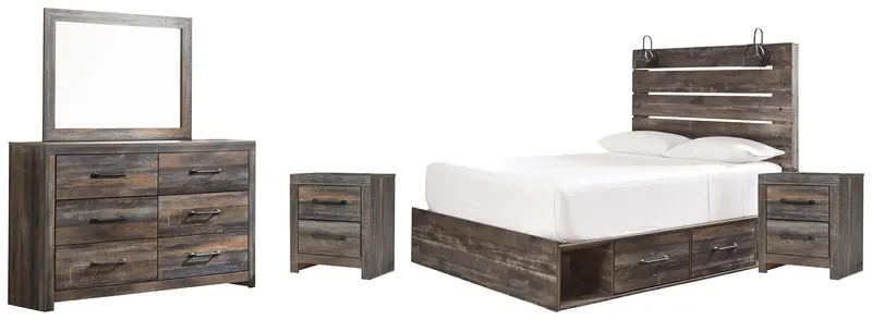 Drystan Multi-Tone Queen Panel Bed With Storage Drawers, Mirrored Dresser, And Pair Of Nightstands 1