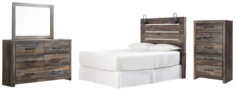 Drystan Multi-Tone Queen Panel Headboard Bed With Mirrored Dresser And Chest 1