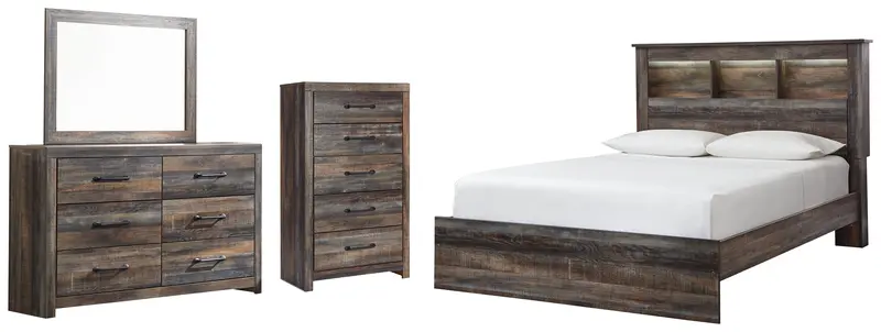 Drystan Queen Bookcase Bed With Mirrored Dresser And Chest – Multi-Tone Finish 1