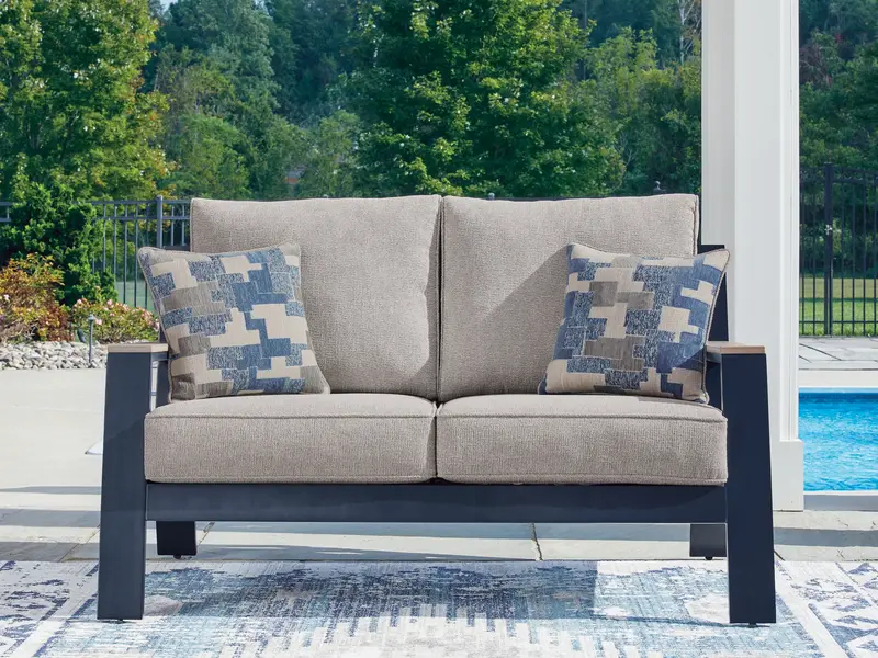 East Beach Blue Weatherproof Outdoor Loveseat With Cushions 1