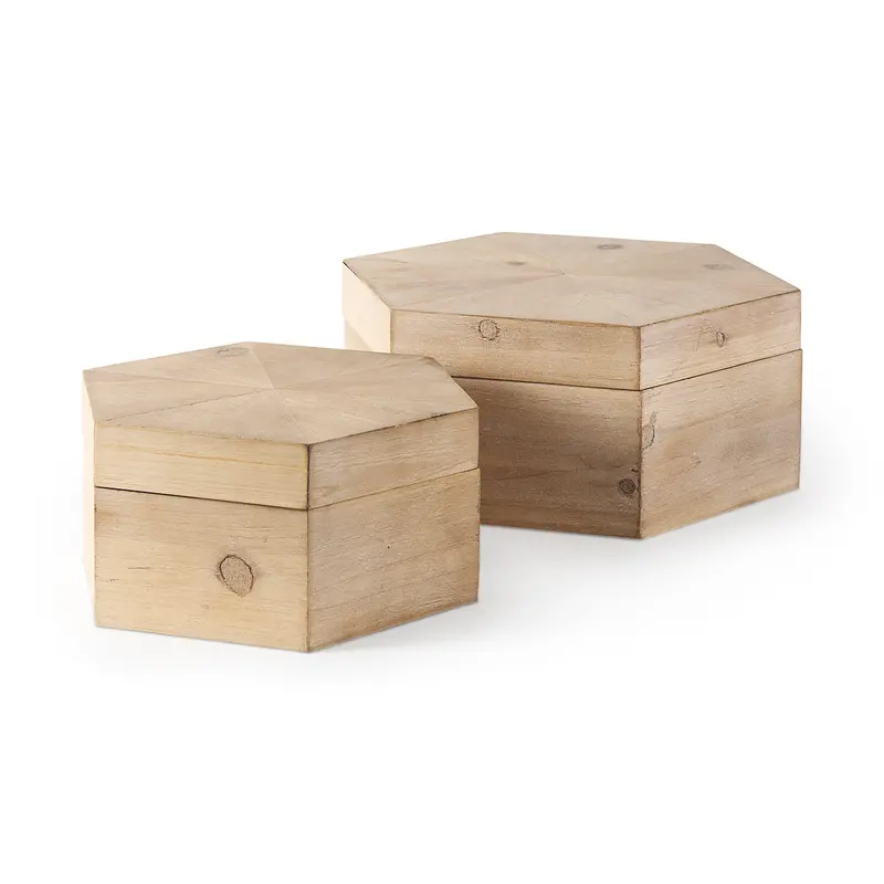 Elyse Hexagonal Storage Boxes – Set Of 2, Natural Brown Wood Finish 1