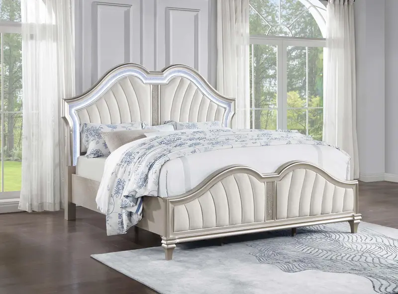 Evangeline Ivory & Silver Oak Platform Bed – Tufted California King Upholstered Frame 1