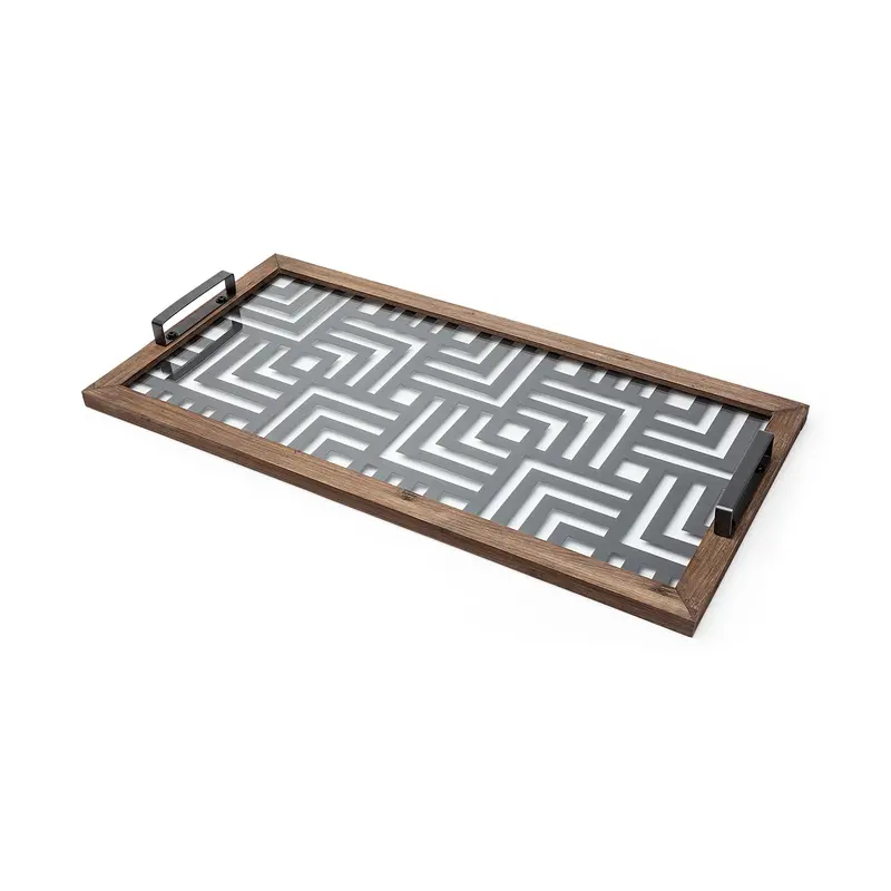Fantuz Serving Tray – 32"L X 16"W Gray Metal, Wood & Glass Design 1