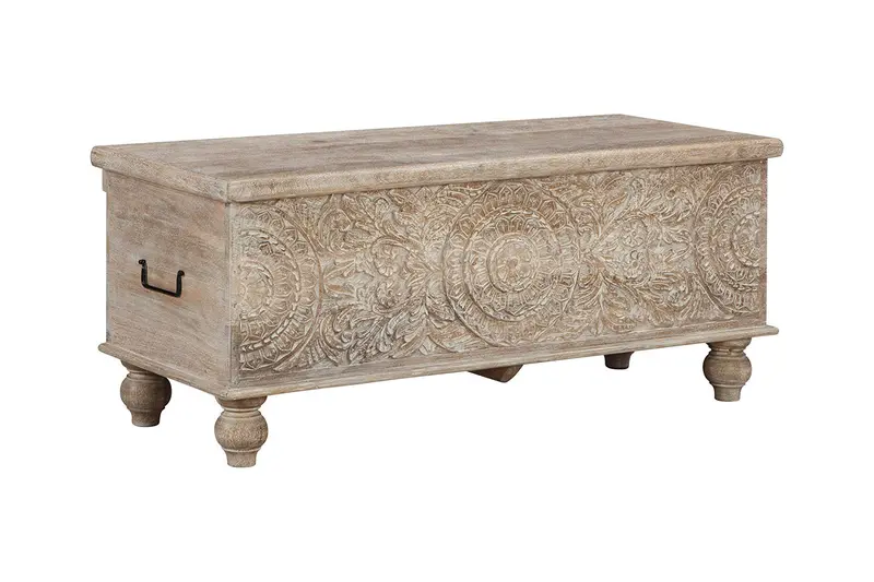 Fossil Ridge Beige Upholstered Storage Bench – Living Room Or Entryway Seat 1
