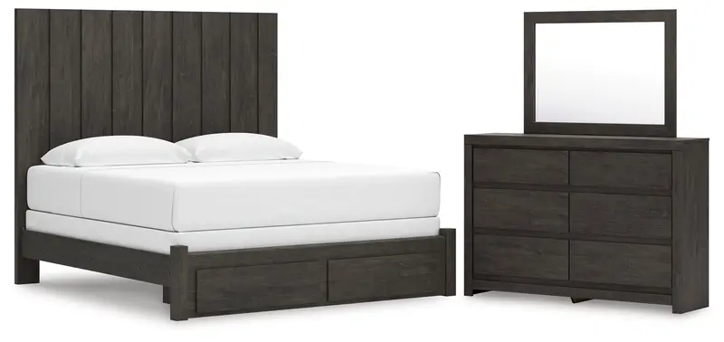 Fraluna King-Size Storage Bed With Charcoal Mirrored Dresser 1