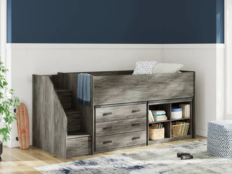 Frandern Gray Twin Loft Bed With Bookcase And Drawer Storage 1
