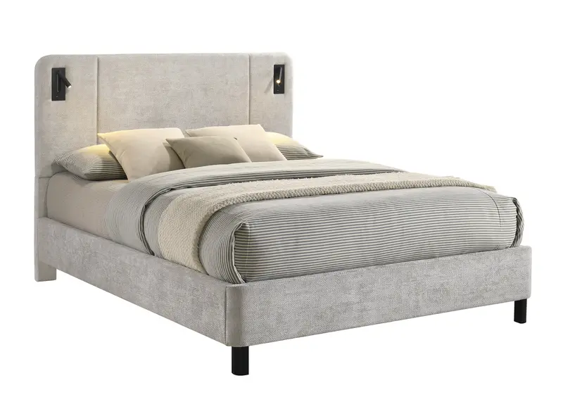 Freya Light Gray King-Sized Upholstered Bed Featuring Built-In Reading Lights 1