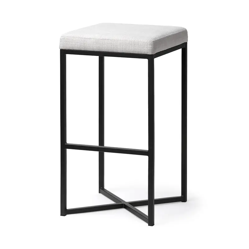 Frodo White Fabric Bar Stool With Black Metal Base, 29.75" Seat Height 1
