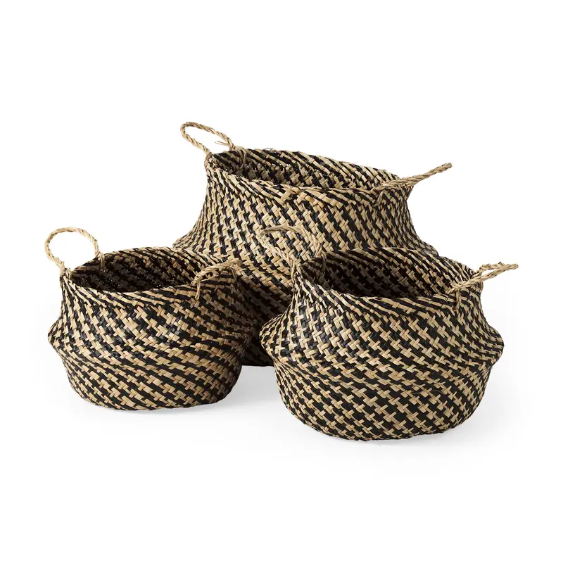 Gaia Seagrass Basket Set – Light & Dark Brown Cross-Woven Belly Baskets (3-Pack) 1