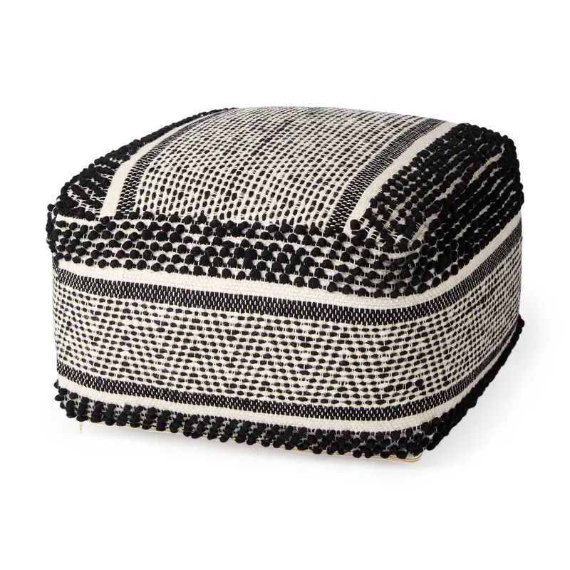 Garima Pouf – Black-And-White Wool-Cotton Patterned Footstool, 22"L X 22"W X 14"H 1