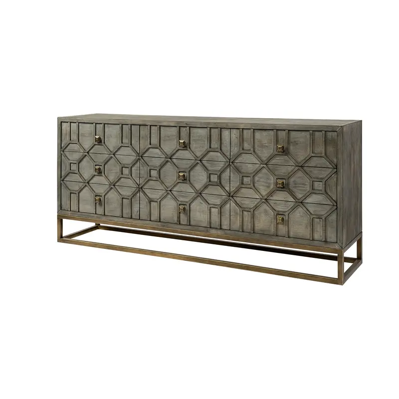 Genevieve Ii Sideboard – Gray Fir Veneer With Gold Metal Base & 9 Drawers 1
