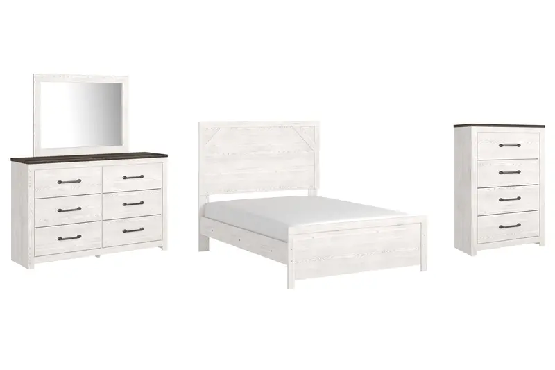 Gerridan Full Panel Bed Set: Mirrored Dresser & Chest In White/Gray 1