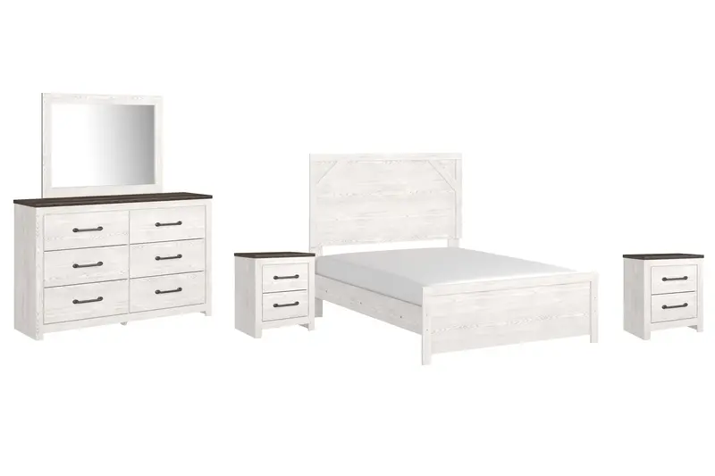 Gerridan Full Panel Bed Set: Mirrored Dresser & Two Nightstands In White/Gray 1
