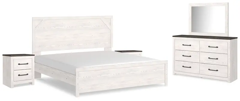 Gerridan King Bedroom Set: Mirrored Dresser, Two Nightstands & Panel Bed In White/Gray 1
