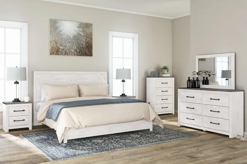 Gerridan King Panel Bed Set: Mirrored Dresser, Chest, And Two Nightstands In White And Gray 1