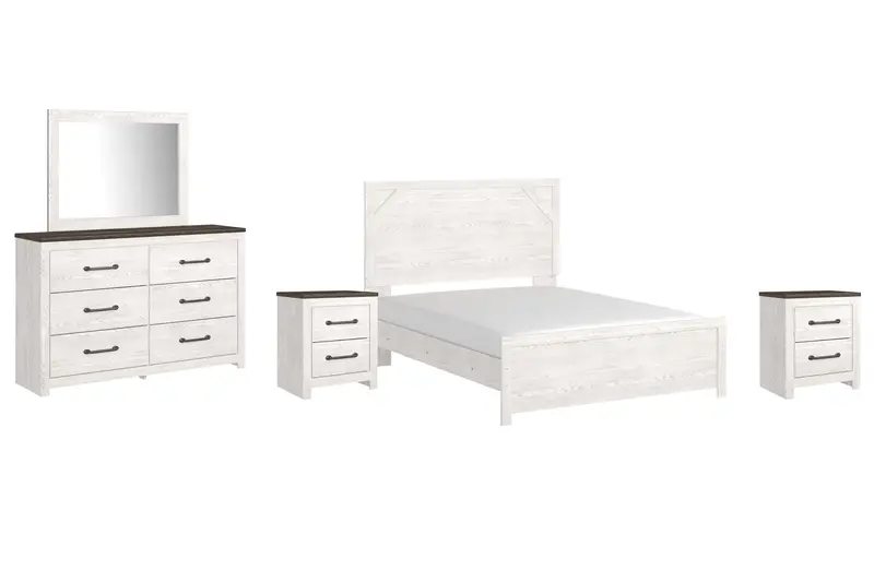 Gerridan Queen Bedroom Set With Mirrored Dresser, Dual Nightstands & Panel Bed (White/Gray) 1