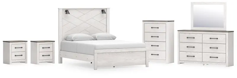 Gerridan White And Gray Queen Panel Bedroom Set: Bed, Mirrored Dresser, Chest & Nightstands 1