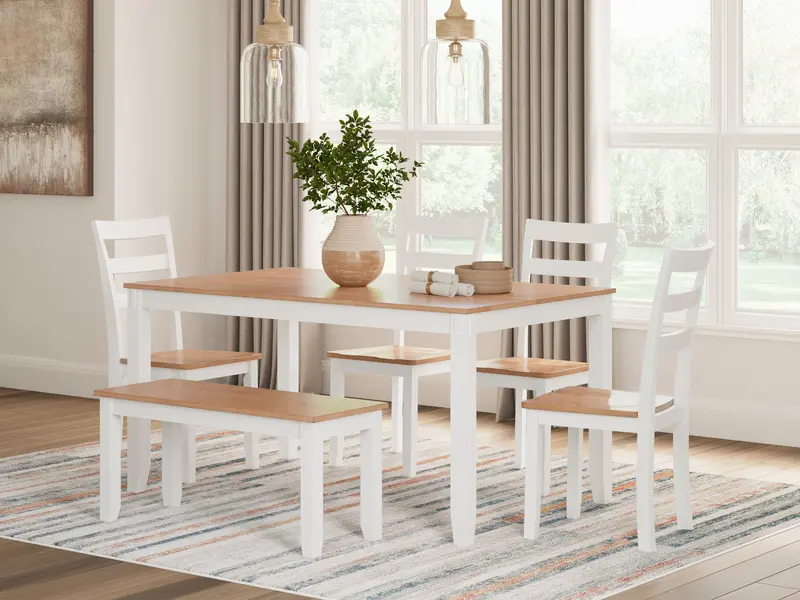 Gesthaven Natural-And-White Dining Set: Table, Four Chairs, And Bench (6-Piece) 1