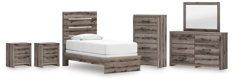 Graystorm Twin Panel Bed Set With Mirrored Dresser, Chest And Two Nightstands – Brown-Gray Finish 1