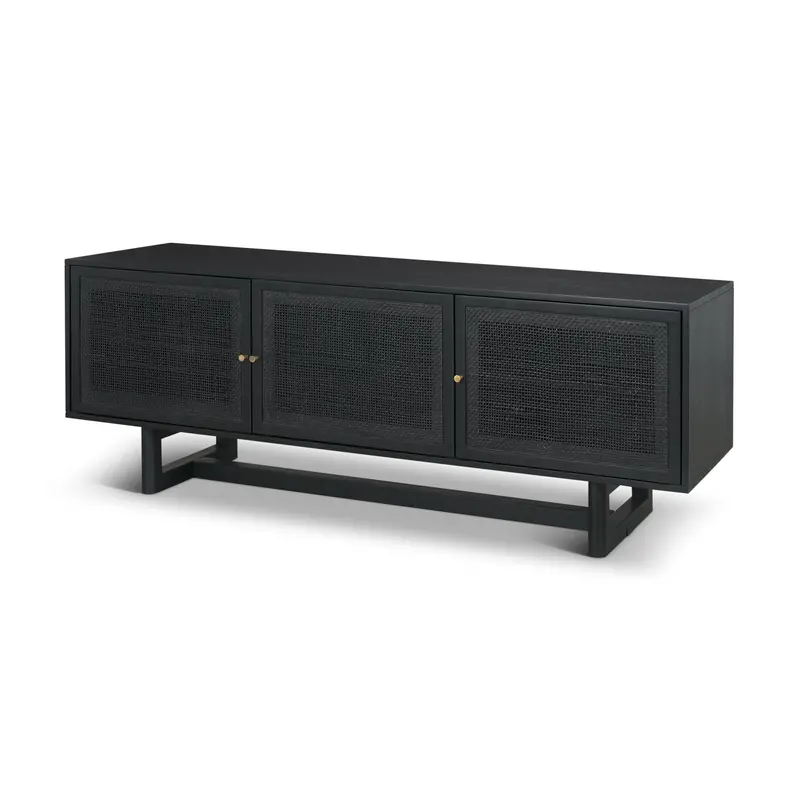 Grier 65" Media Console – Black Solid Wood With Black Cane Front Panels 1