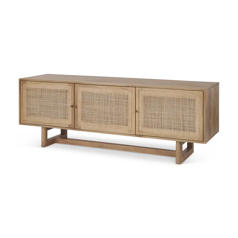 Grier 65" Media Console – Light Brown Wood With Natural Cane Accents 1