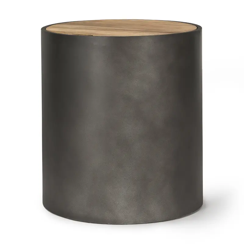 Gunmetal Gray Drum Base Side Table With Warm Brown Wood Top 1