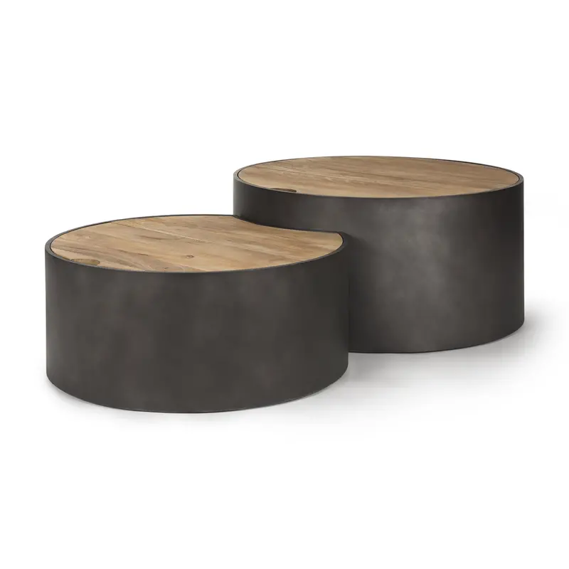 Gunmetal Gray Nested Coffee Table Featuring Drum Base And Brown Wood Top 1