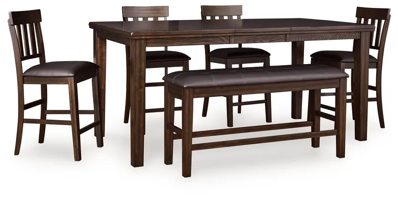 Haddigan Counter-Height Dining Collection: Table, Four Barstools & Bench In Dark Brown 1