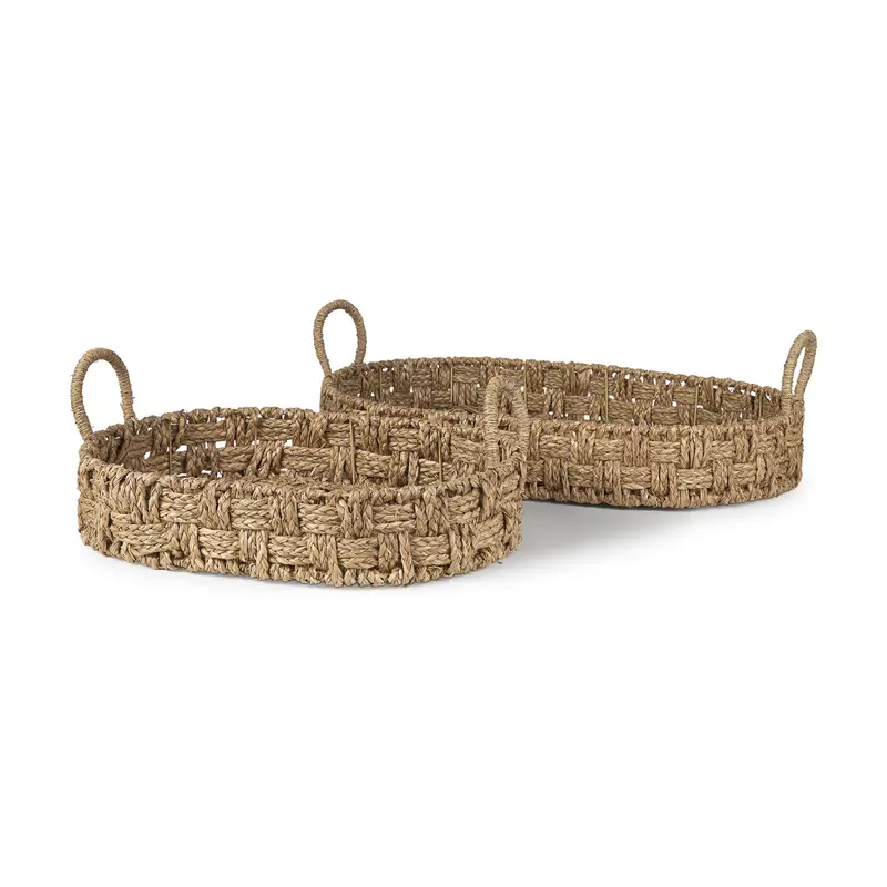 Haini Set Of 2 Large Seagrass Basketweave Trays – Loop Handle Design 1