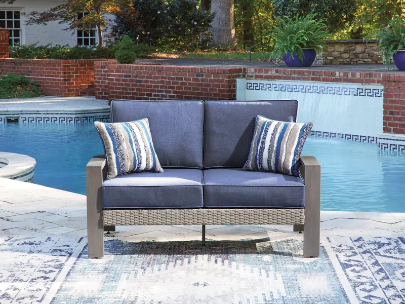 Half Moon Beach Outdoor Loveseat In Blue-Gray With Cushions 1