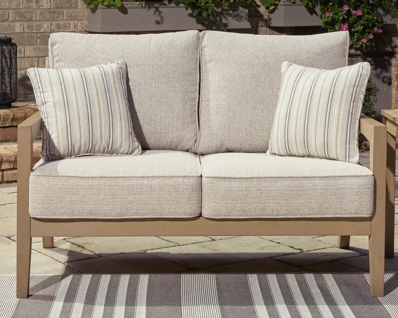 Hallow Creek Driftwood Outdoor Loveseat With Weather-Resistant Cushions 1