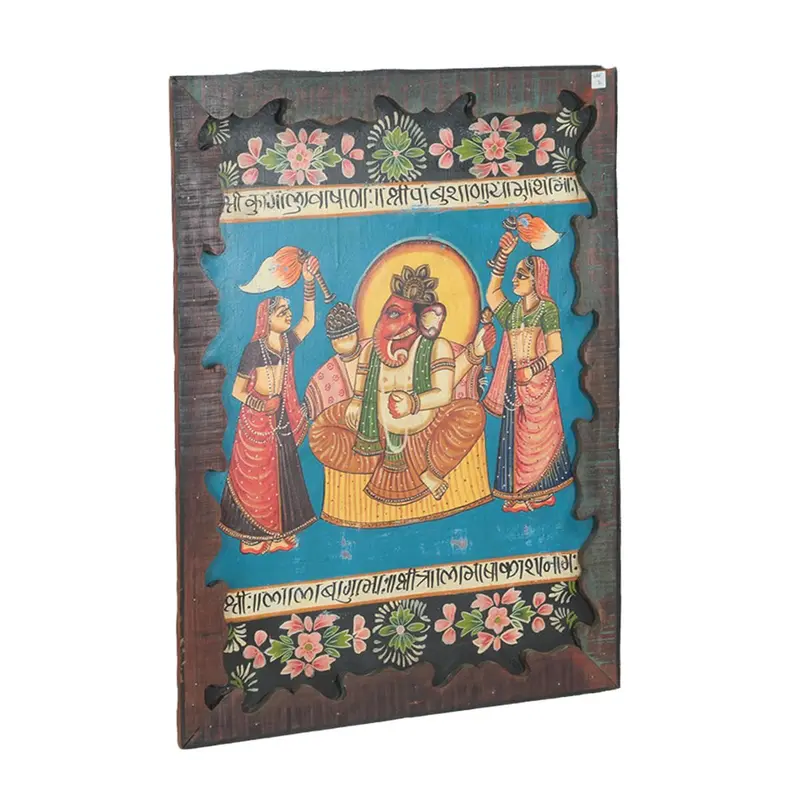 Hand-Carved Wooden Ganesha Panel – Iron-Frame Wall Art 1