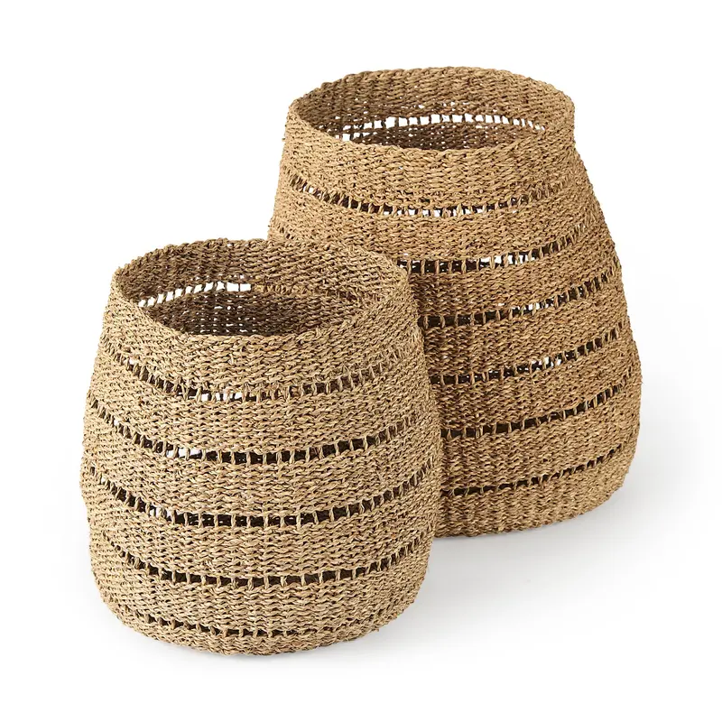 Hayes Seagrass Round Baskets (Set Of 2) – Medium Brown Woven Storage With Stripe Detail 1