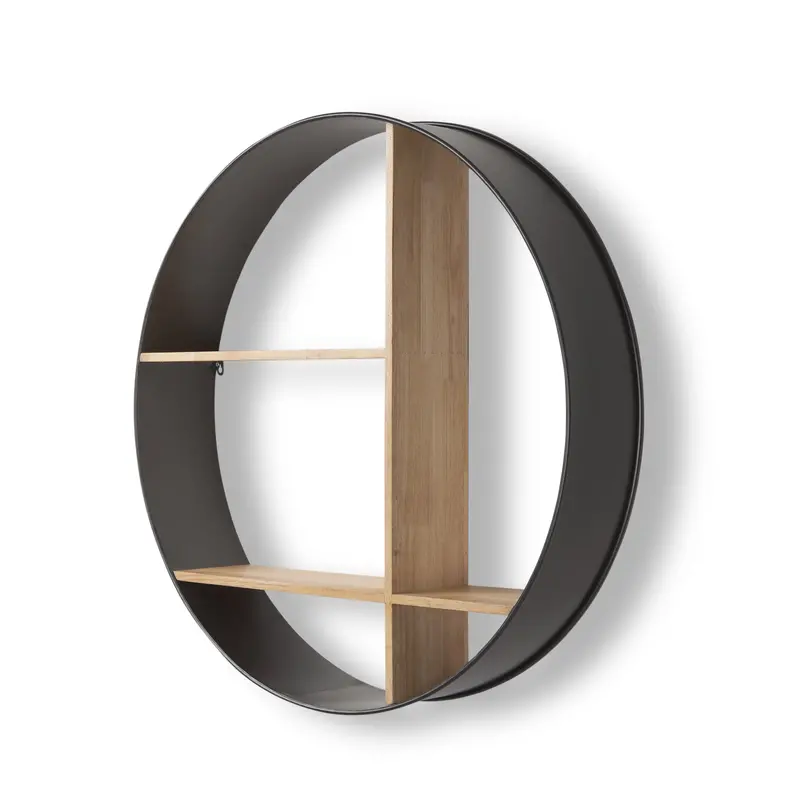 Hector Round Wall Shelf – Brown Wood With Black Metal Accents, 36" Tall 1