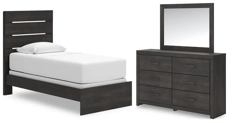 Hollivern Twin Panel Bed With Dark Gray Mirrored Dresser 1
