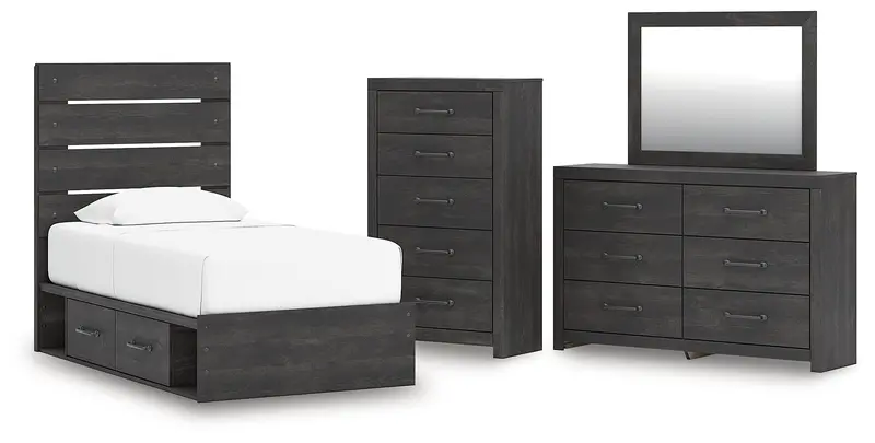 Hollivern Twin Storage Panel Bed With Mirrored Dresser And Chest – Dark Gray Finish 1