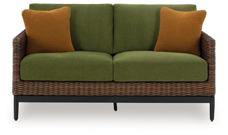 Horizon Hall Outdoor Loveseat In Brown-Green Fabric With Cushions 1