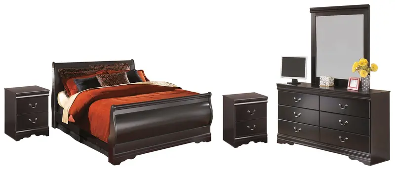 Huey Vineyard Black Full Sleigh Bed Set: Mirrored Dresser & Two Nightstands 1