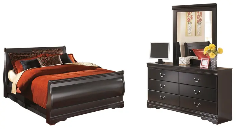 Huey Vineyard Black Queen Sleigh Bed Ensemble: Dresser & Mirror 1