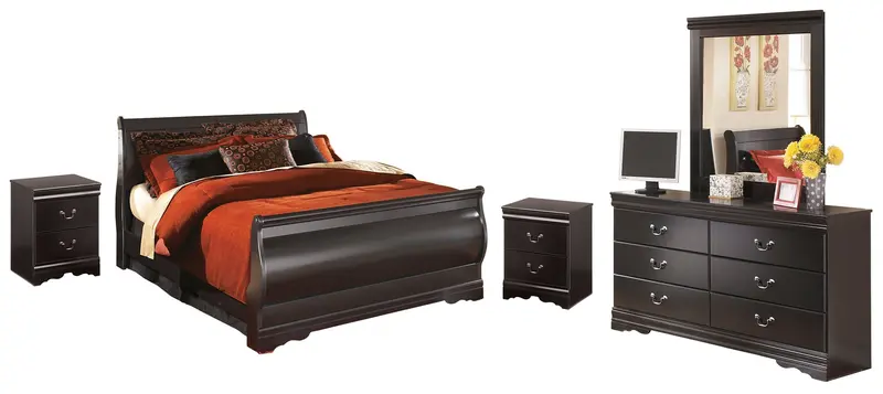 Huey Vineyard Black Queen Sleigh Bed Set: Mirrored Dresser & Two Black Nightstands 1