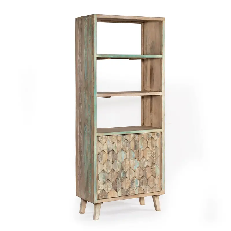 Ibiza-Inspired 31-Inch Bookshelf In Vintage Teal Reclaimed Wood 1