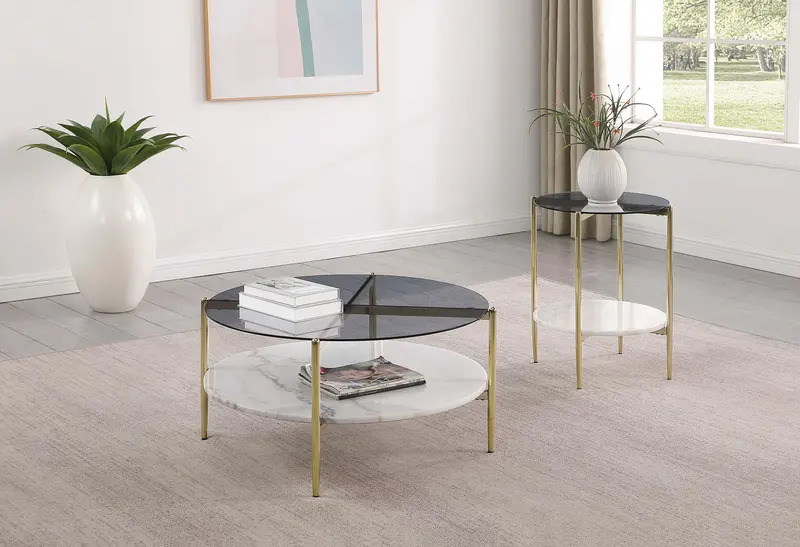 Jonelle Gold 2-Piece Round Coffee + End Table Set 1